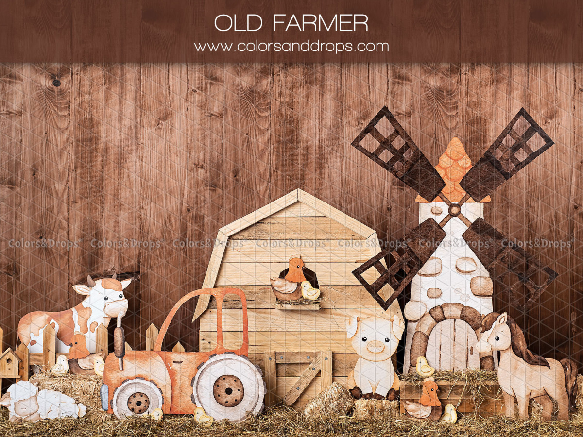 Fondo fotográfico de bebé y smash cake Old Farmer – granja de madera con molino, tractor y animales | Colors&Drops