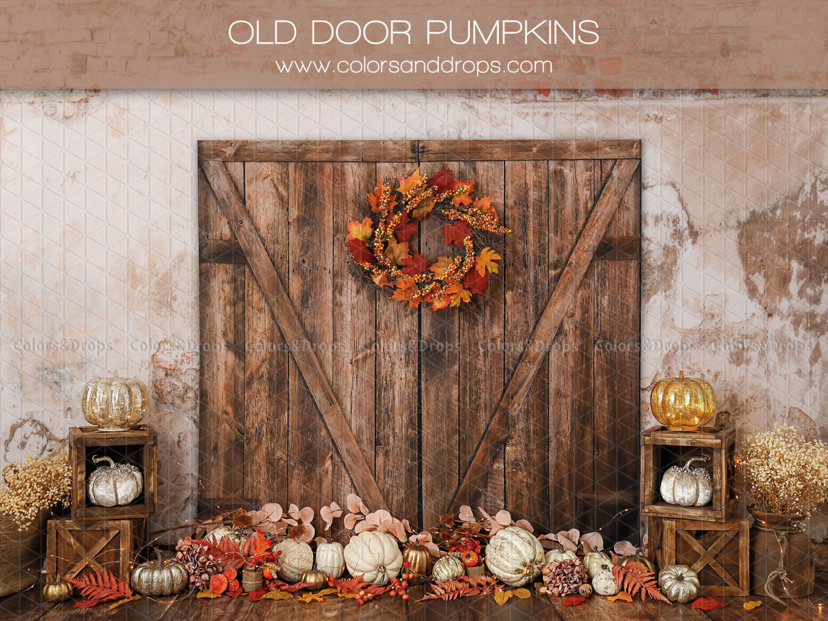 Fond photo d'Halloween Old Door Pumpkins – porte de grange avec couronne d'automne et citrouilles | Colors&Drops