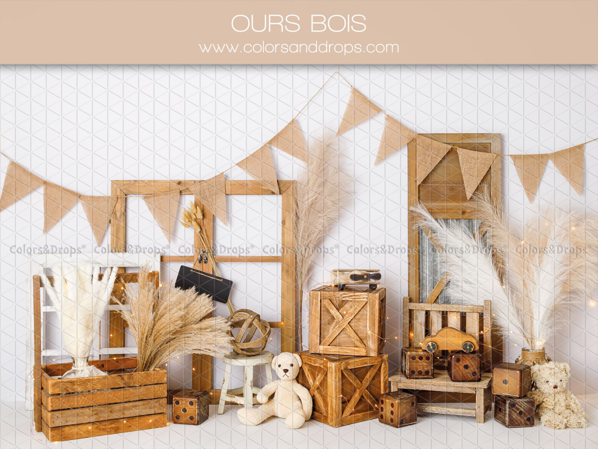 Baby & cake smash photo backdrop Ours Bois – teddy bear set with crates, bunting and pampas grass | Colors&Drops