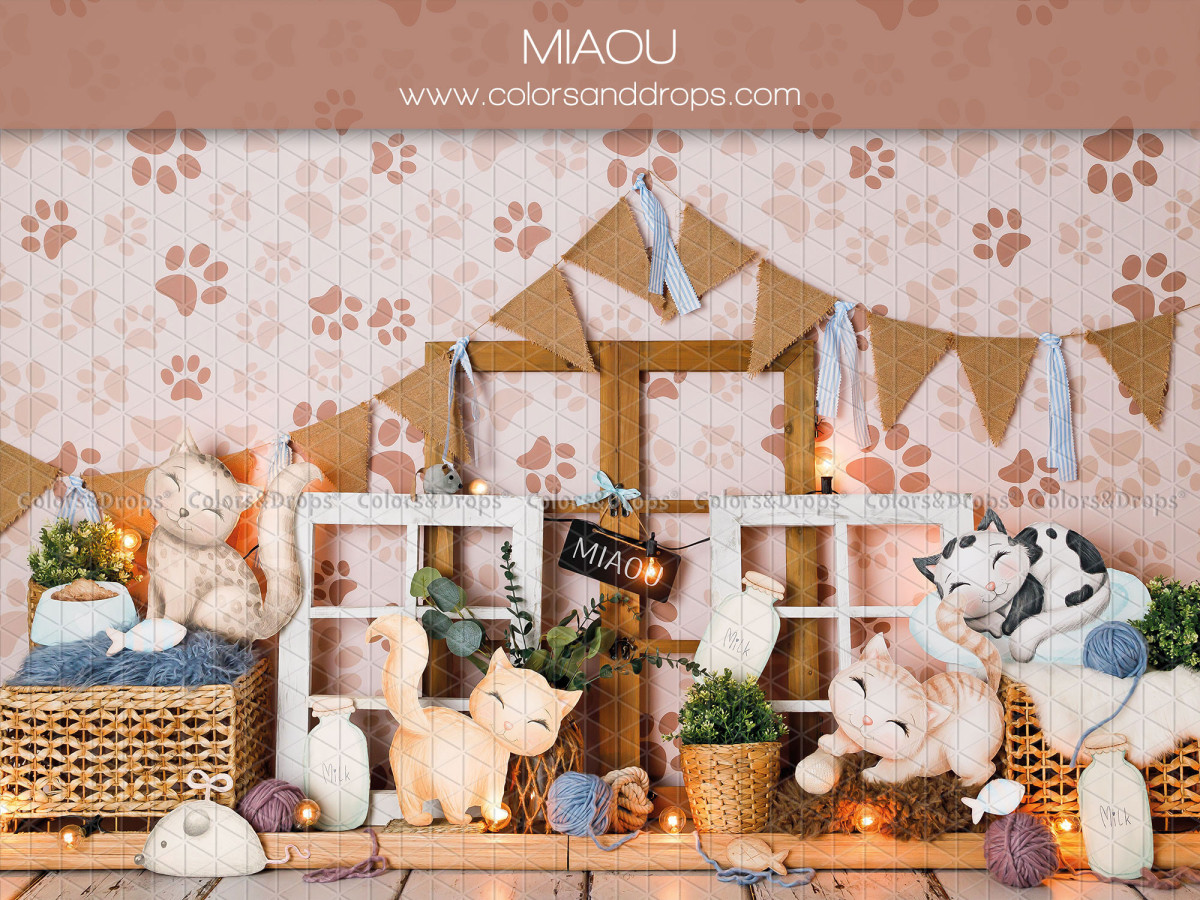 Fond photo bébé et smash cake Miaou – décor chats en peluche avec fanions et fenêtre | Colors&Drops