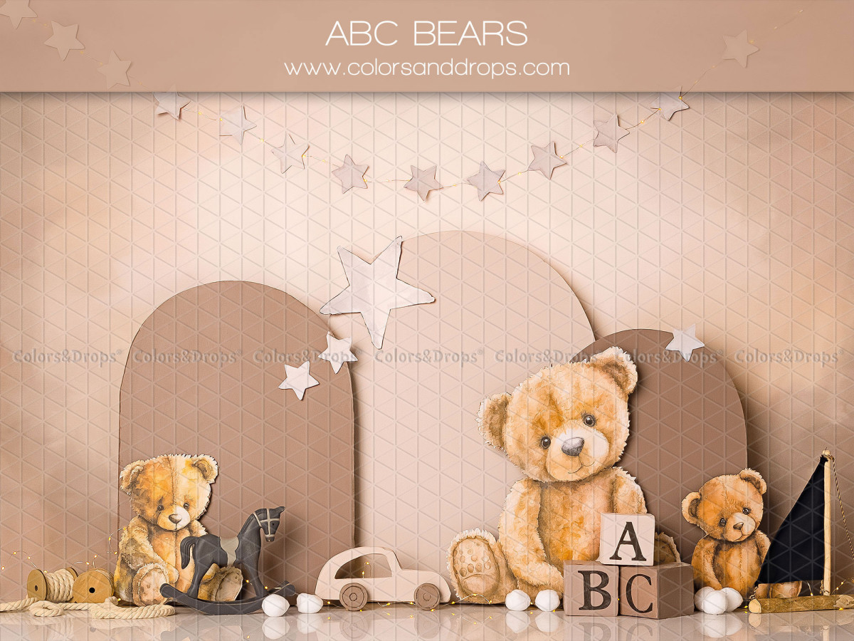 Fond photo bébé et smash cake Abc Bears – ours en peluche avec arches beiges et cubes ABC | Colors&Drops