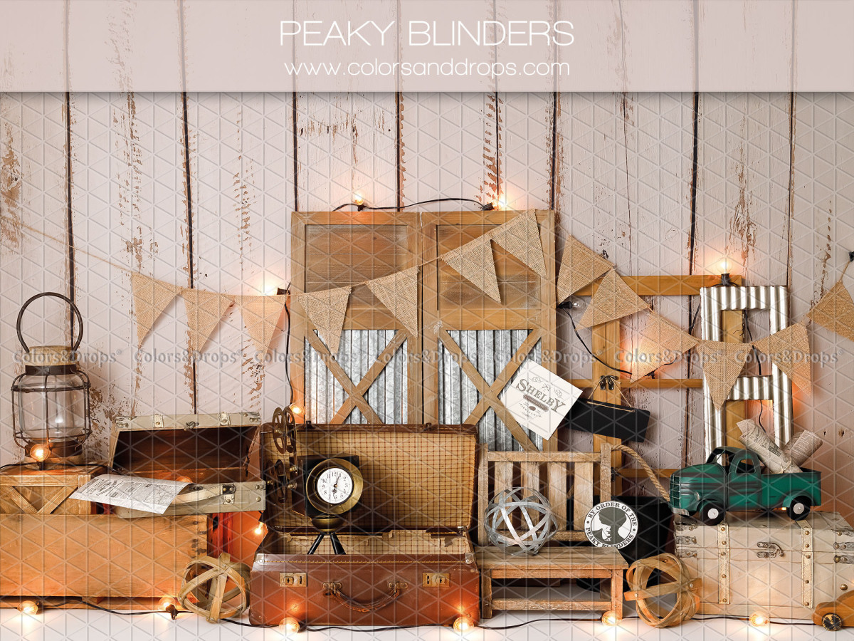 Baby & cake smash photo backdrop Peaky Blinders – vintage set with suitcases, bunting and string lights | Colors&Drops