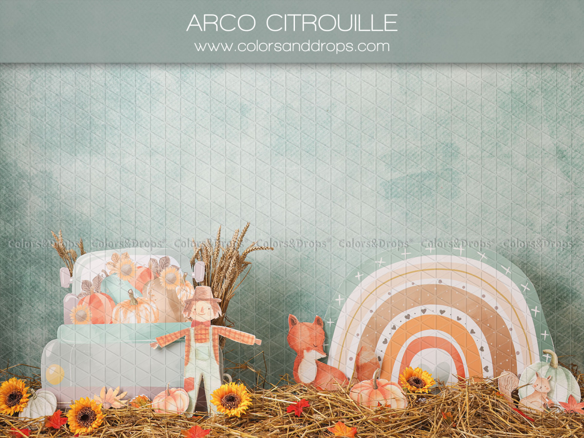 Fond photo bébé et smash cake Arco Citrouille – décor d'automne avec arc-en-ciel, gâteau et épouvantail | Colors&Drops