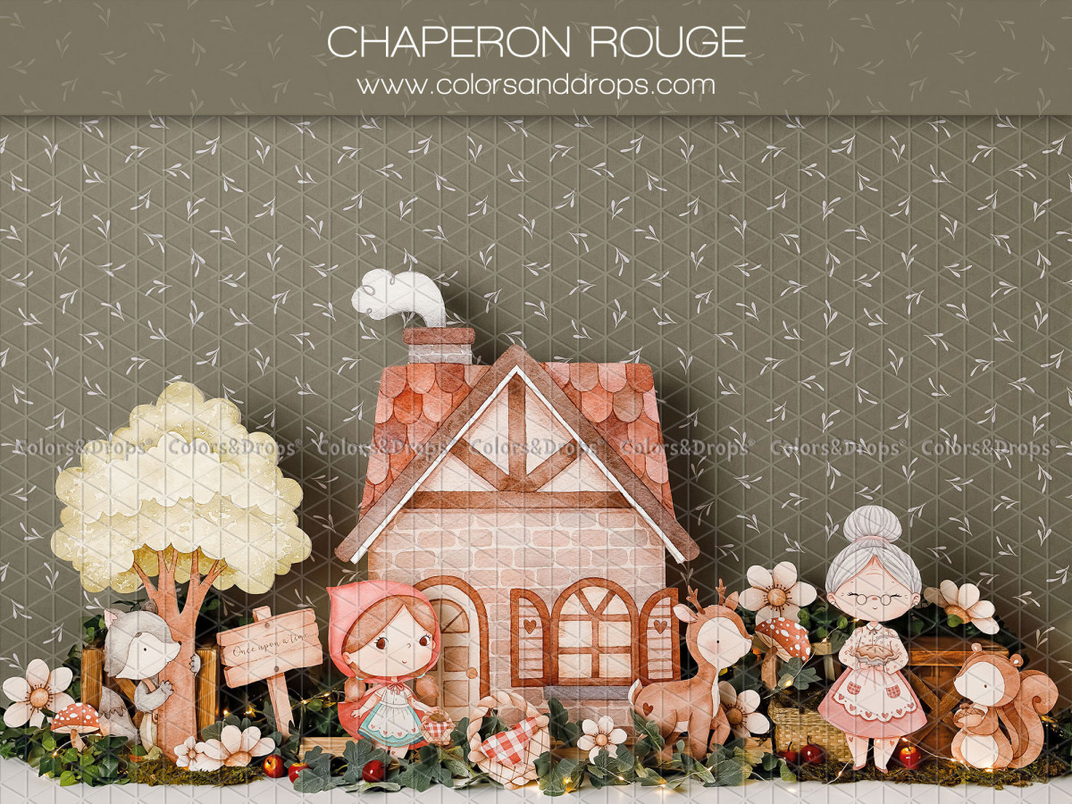 Fondo fotográfico de bebé y smash cake Chaperon Rouge – decorado de Caperucita Roja con casa, lobo y abuela | Colors&Drops