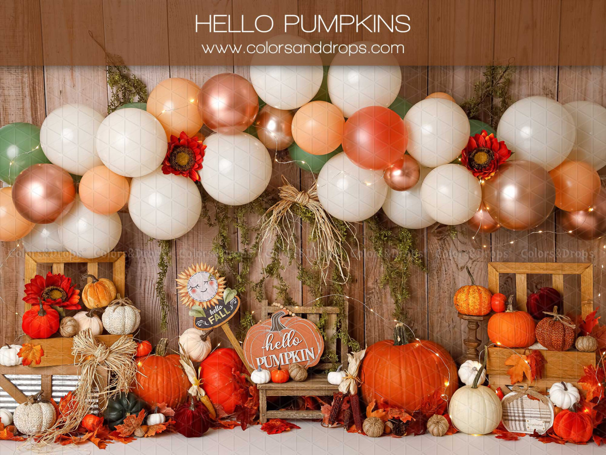 Fondo fotográfico de Halloween Hello Pumpkins – arco de globos otoñal con calabazas y girasoles | Colors&Drops