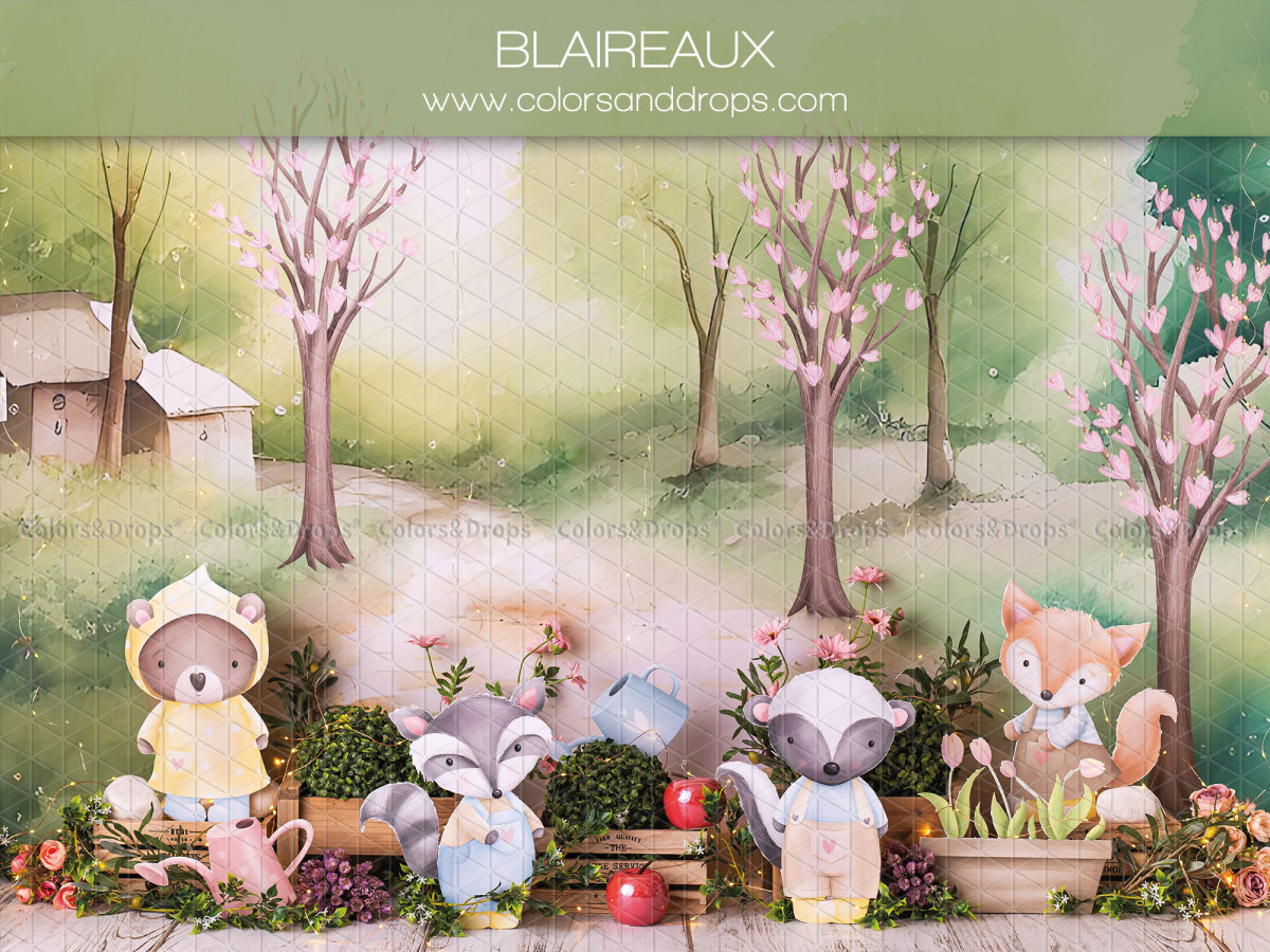 Fond photo bébé et smash cake Blaireaux – ourson, raton laveur, blaireau et renard illustrés dans un paysage | Colors&Drops