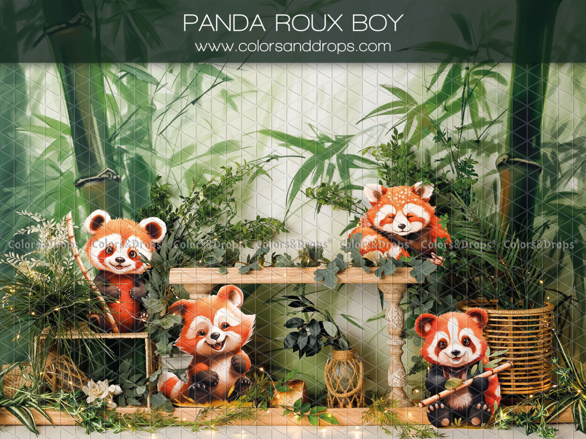Fond photo bébé et smash cake Panda Roux Boy – pandas roux illustrés dans une forêt de bambous | Colors&Drops
