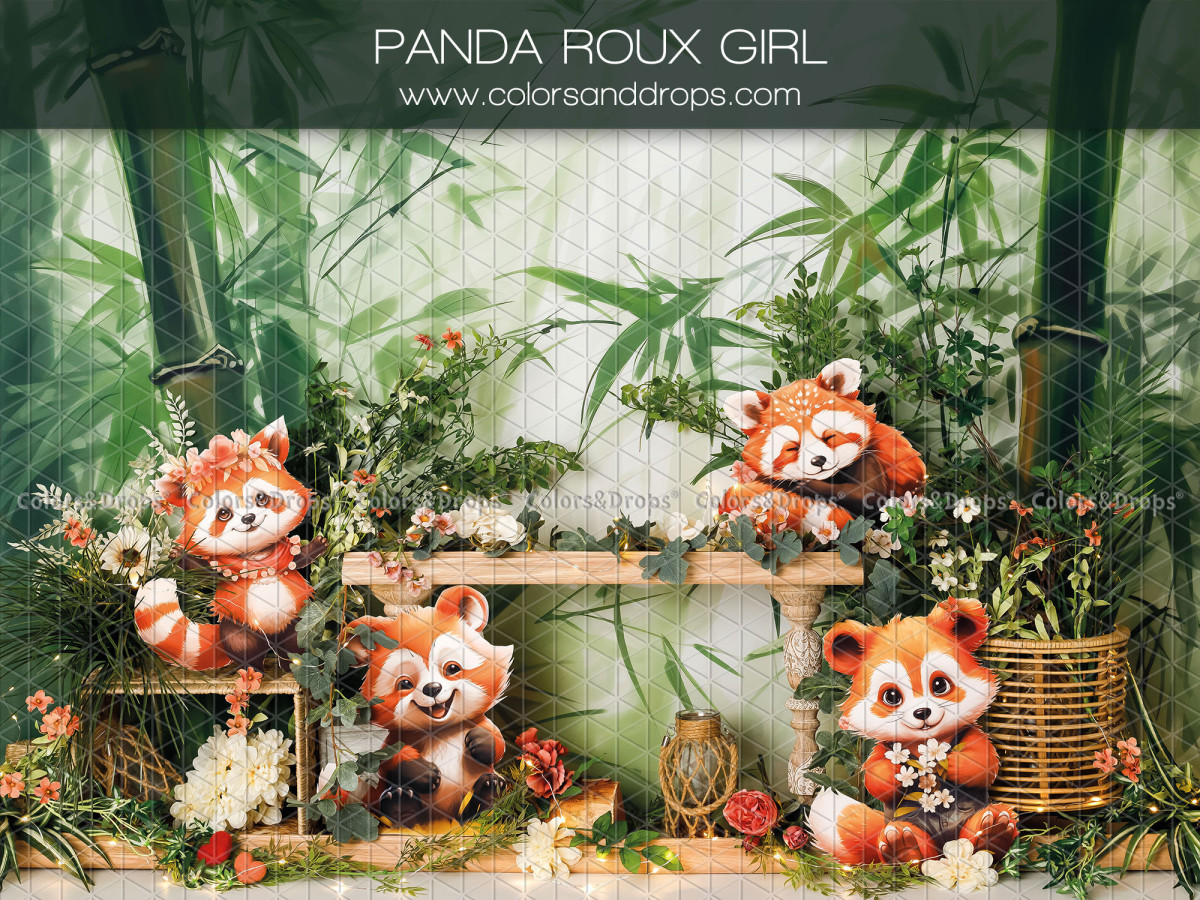 Fond photo bébé et smash cake Panda Roux Girl – pandas roux illustrés avec fleurs dans les bambous | Colors&Drops