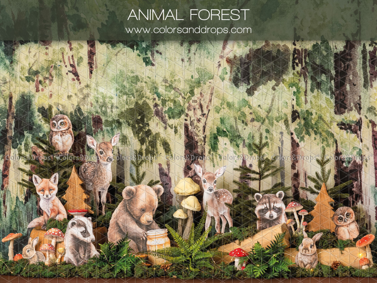 Baby & cake smash photo backdrop Animal Forest – illustrated woodland animals with owls, bear and fawns | Colors&Drops