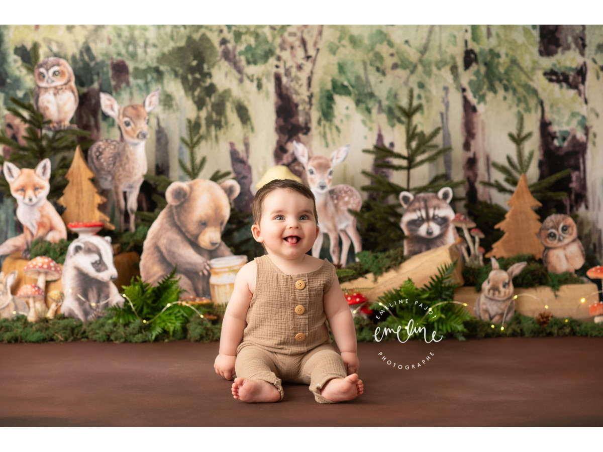 Baby & cake smash photo backdrop Animal Forest – illustrated woodland animals with owls, bear and fawns | Colors&Drops