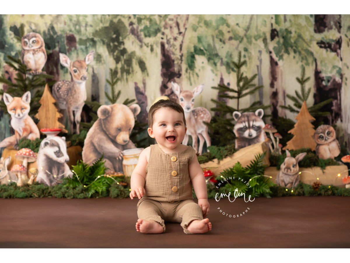 Baby & cake smash photo backdrop Animal Forest – illustrated woodland animals with owls, bear and fawns | Colors&Drops