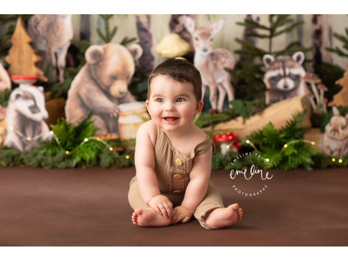 Baby & cake smash photo backdrop Animal Forest – illustrated woodland animals with owls, bear and fawns | Colors&Drops
