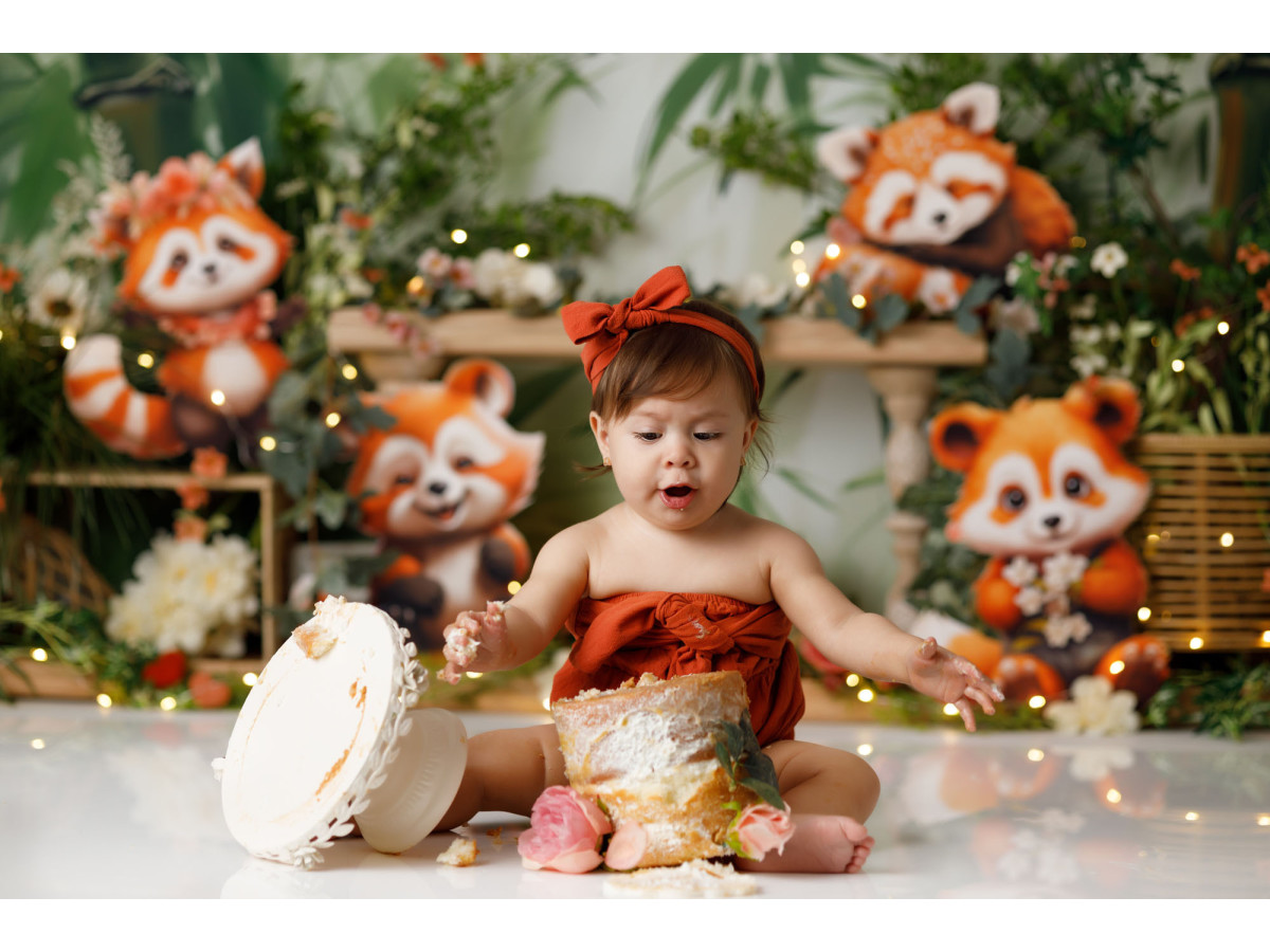 Fond photo bébé et smash cake Panda Roux Girl – pandas roux illustrés avec fleurs dans les bambous | Colors&Drops