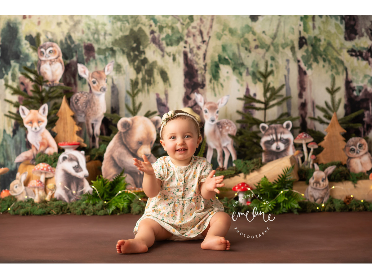 Baby & cake smash photo backdrop Animal Forest – illustrated woodland animals with owls, bear and fawns | Colors&Drops