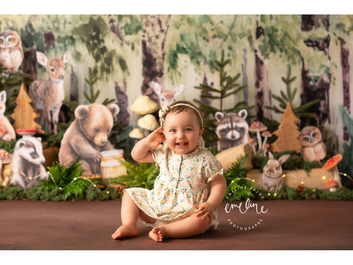 Baby & cake smash photo backdrop Animal Forest – illustrated woodland animals with owls, bear and fawns | Colors&Drops