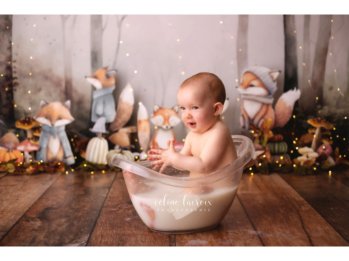 Fond photo bébé et smash cake Petits Renards – renards illustrés avec écharpes dans une forêt brumeuse d'automne | Colors&Drops