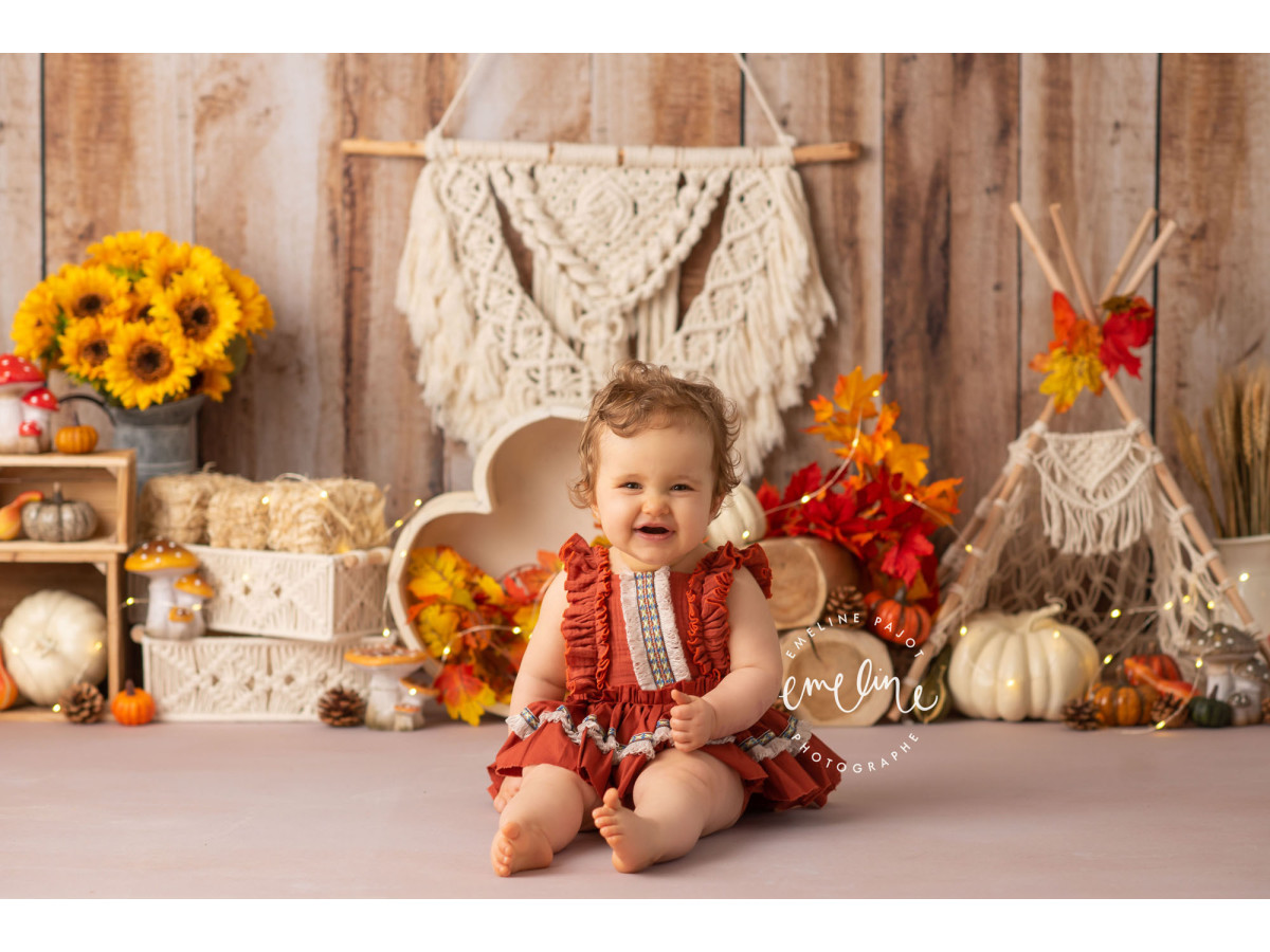 Fondo fotográfico de bebé y smash cake Bois de Champignon – decorado campestre con macramé, girasoles y calabazas | Colors&Drops