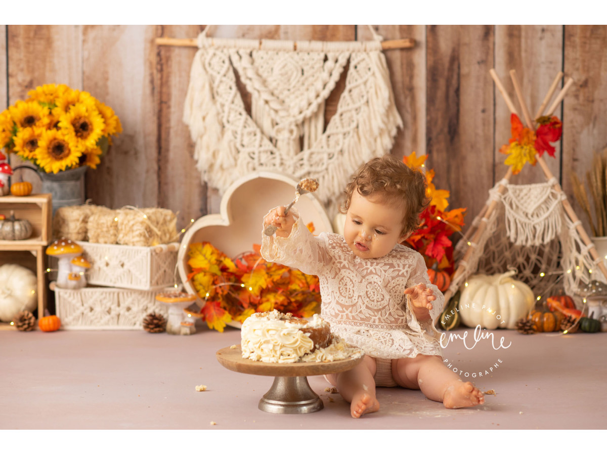 Fondo fotográfico de bebé y smash cake Bois de Champignon – decorado campestre con macramé, girasoles y calabazas | Colors&Drops