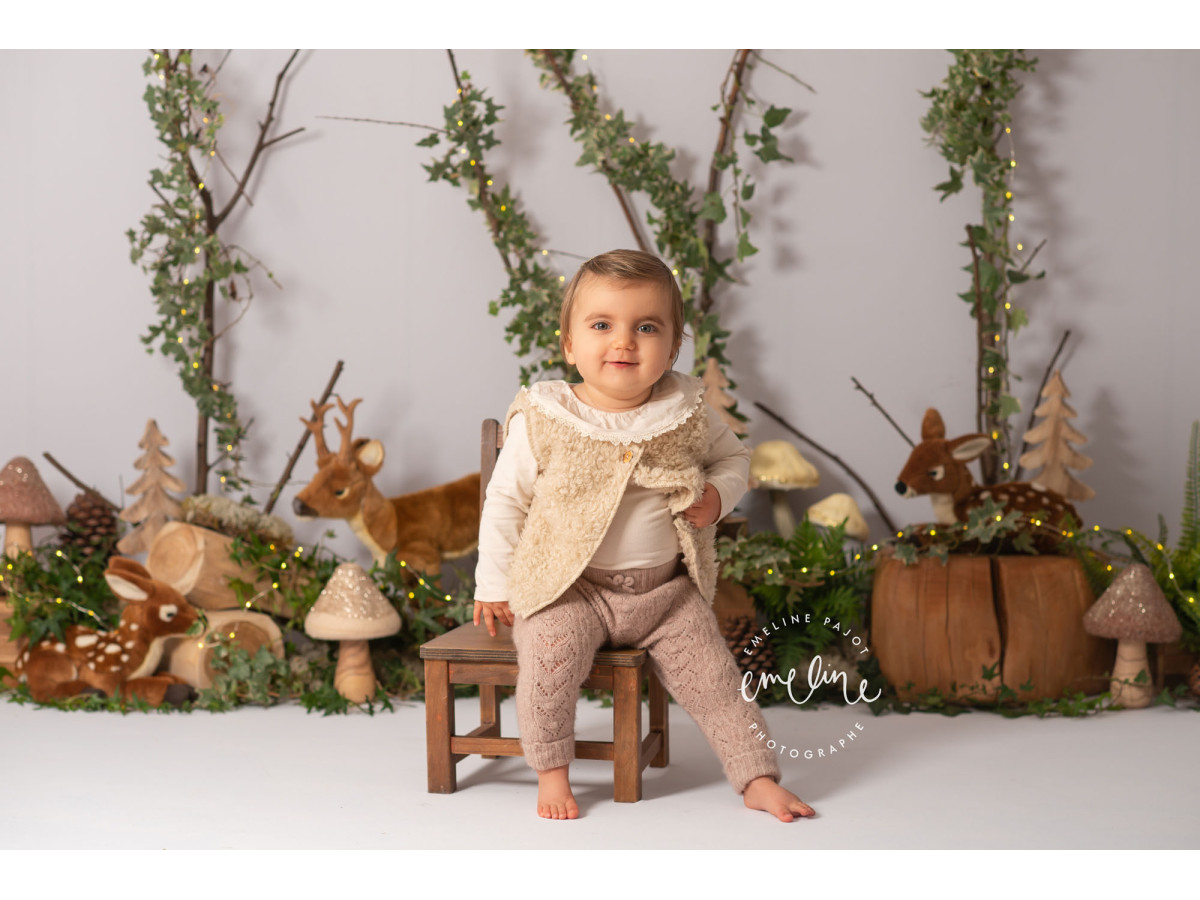 Baby & cake smash photo backdrop Bicha – woodland set with deer, branches and mushrooms | Colors&Drops