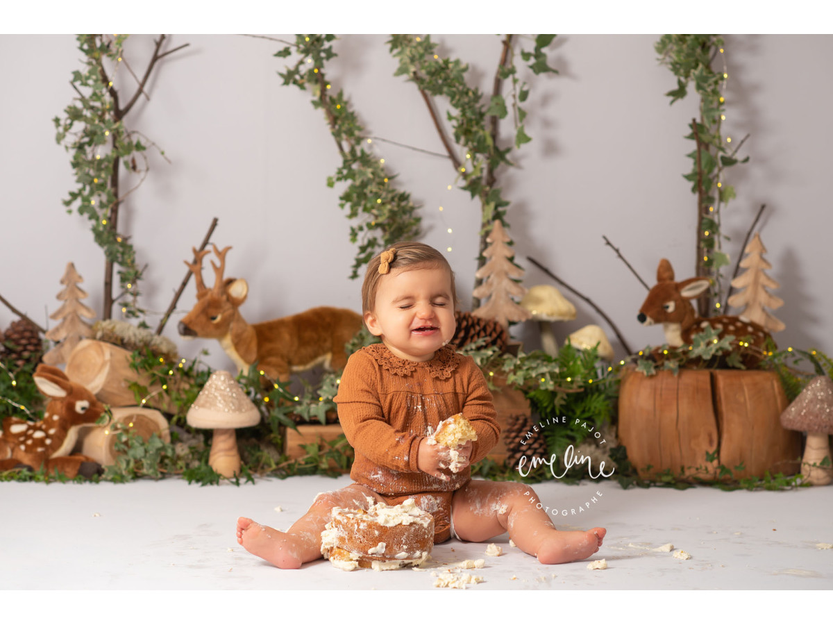 Baby & cake smash photo backdrop Bicha – woodland set with deer, branches and mushrooms | Colors&Drops