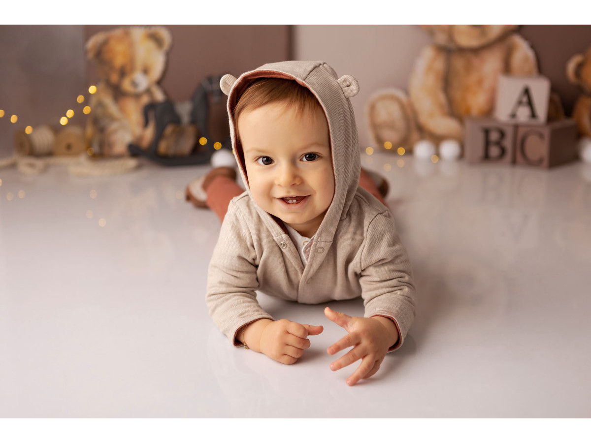 Fond photo bébé et smash cake Abc Bears – ours en peluche avec arches beiges et cubes ABC | Colors&Drops