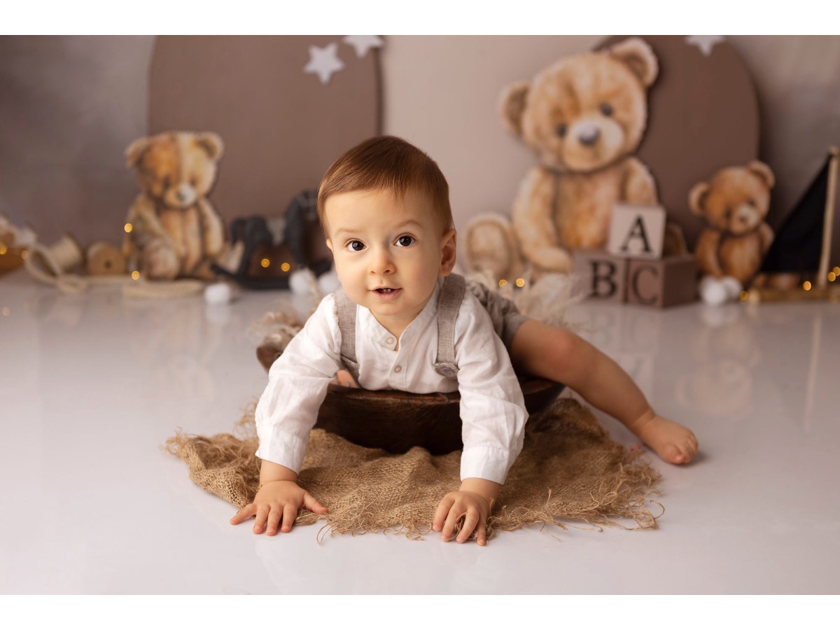 Fond photo bébé et smash cake Abc Bears – ours en peluche avec arches beiges et cubes ABC | Colors&Drops