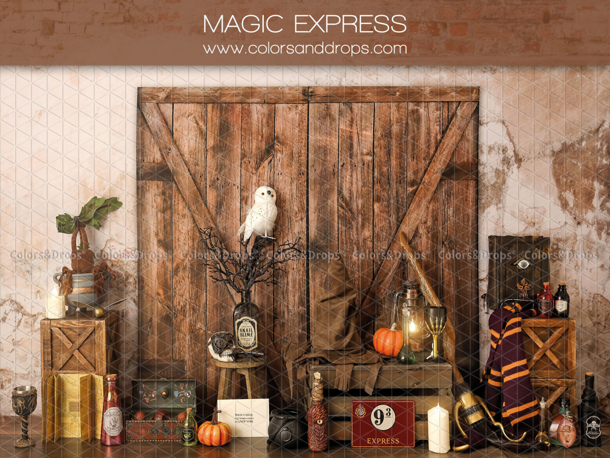 Fond photo d'Halloween Magic Express – décor sorcier avec porte de grange, chouette et valises | Colors&Drops