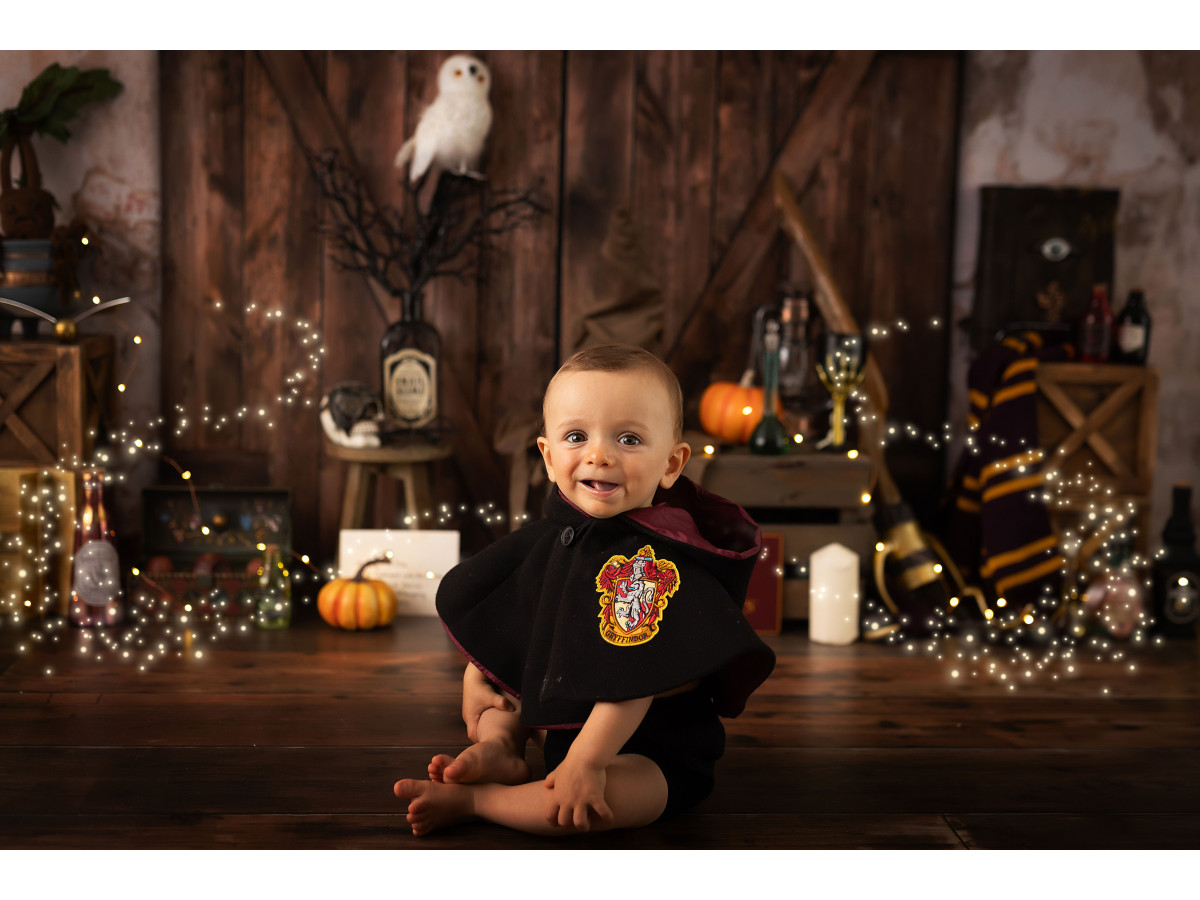 Fond photo d'Halloween Magic Express – décor sorcier avec porte de grange, chouette et valises | Colors&Drops