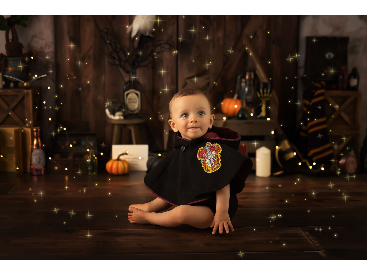 Fond photo d'Halloween Magic Express – décor sorcier avec porte de grange, chouette et valises | Colors&Drops