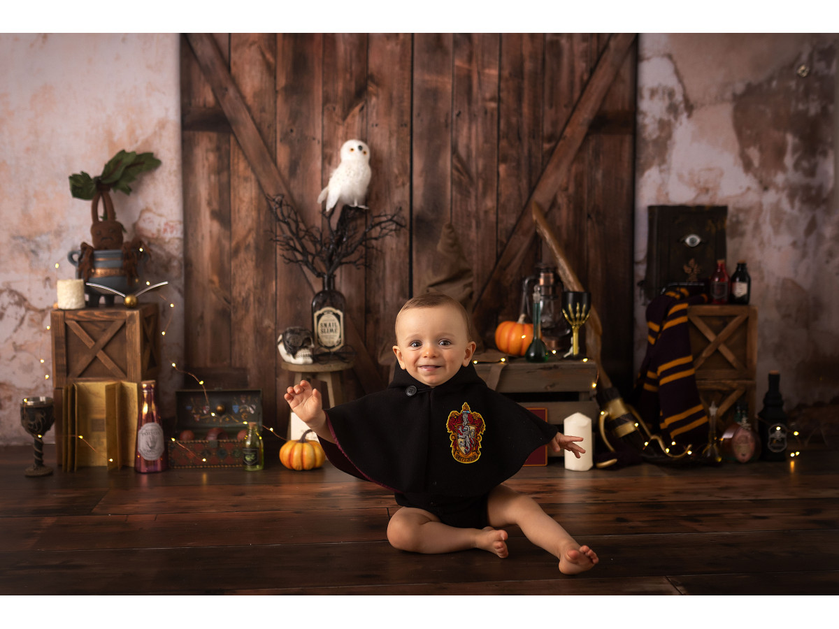 Fond photo d'Halloween Magic Express – décor sorcier avec porte de grange, chouette et valises | Colors&Drops