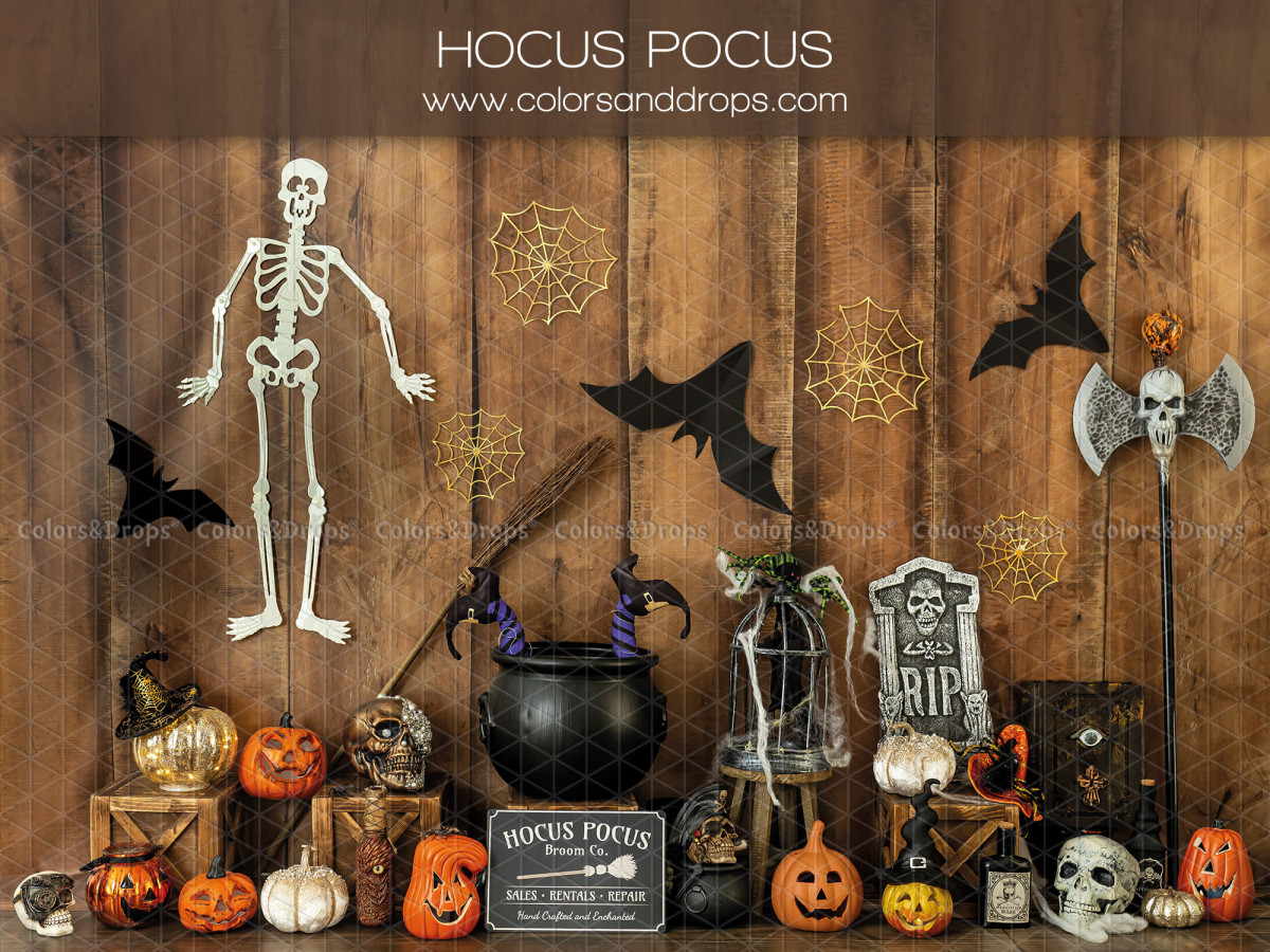 Fond photo d'Halloween Hocus Pocus – décor Halloween avec squelette, chaudron et citrouilles | Colors&Drops