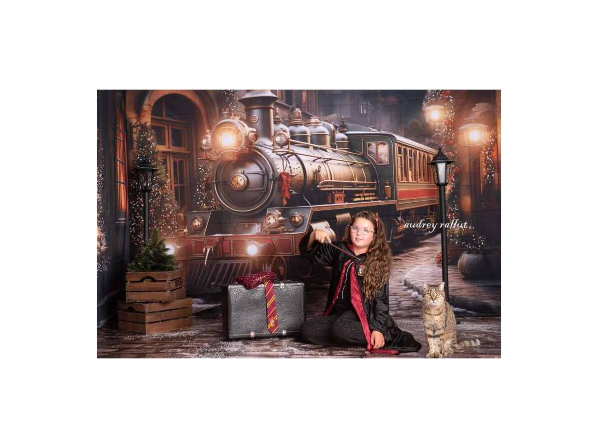 Fond photo de Noël Locomotive – locomotive à vapeur de Noël sur rue pavée la nuit | Colors&Drops