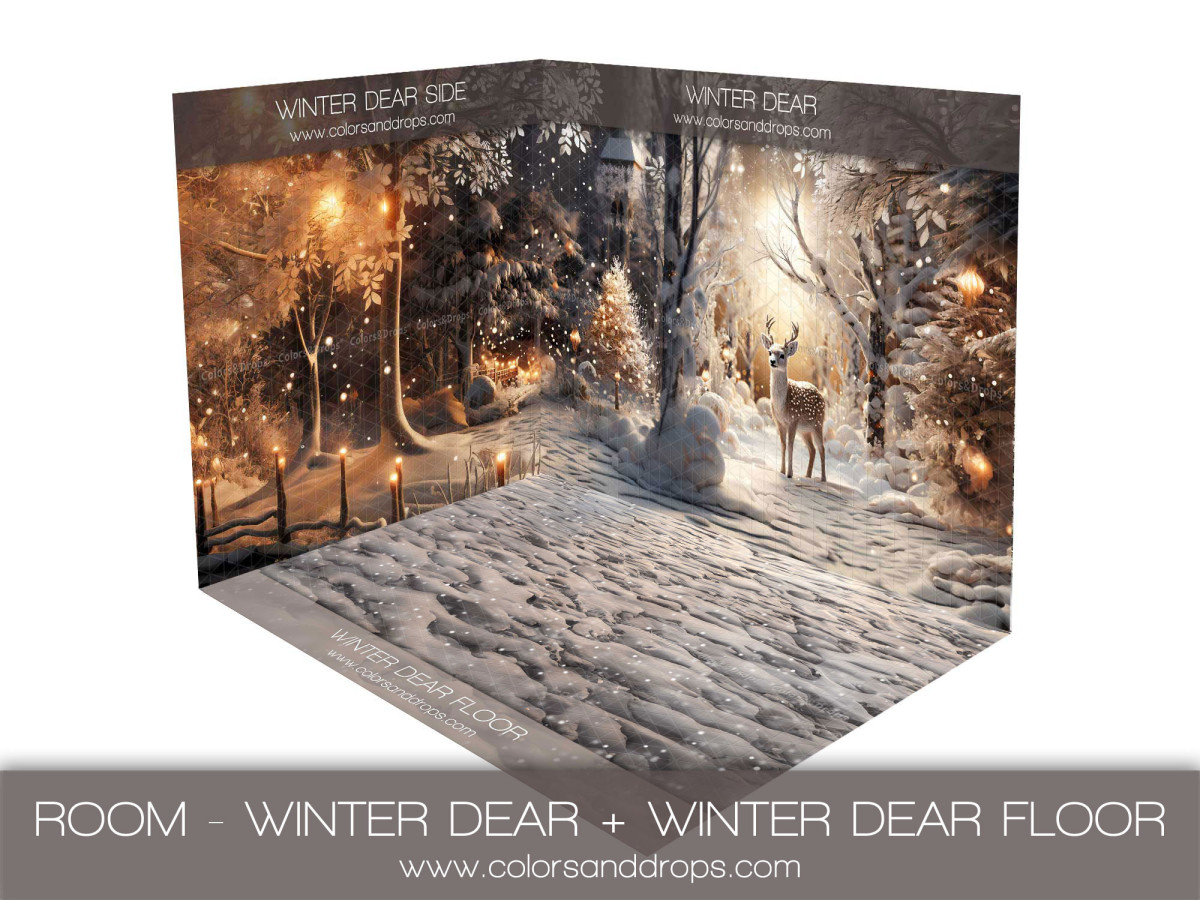 Fond photo d'angle de Noël Winter Dear + Winter Dear Floor – cerf en forêt d'hiver avec sol de neige tassée | Colors&Drops