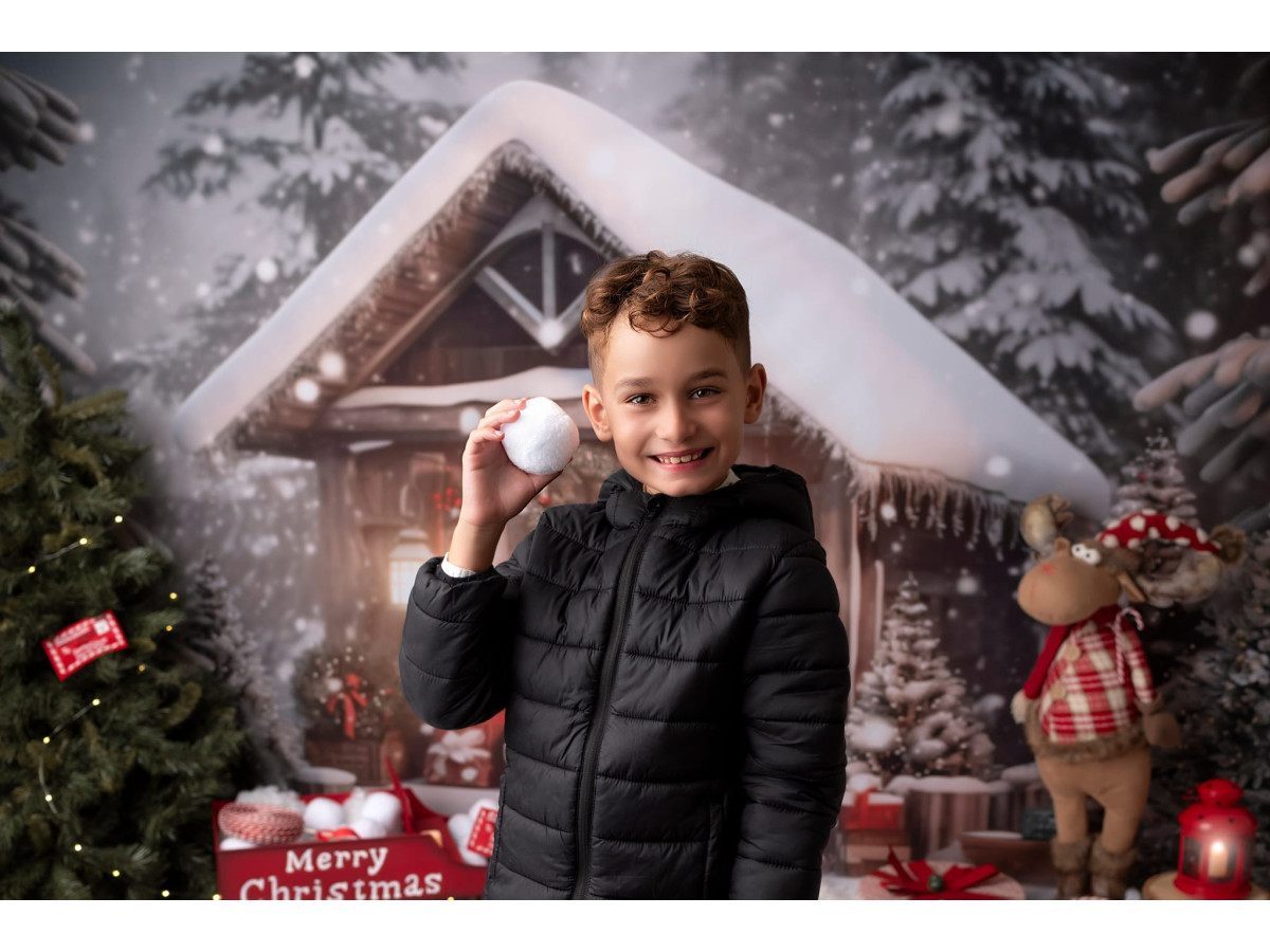 Christmas photo backdrop Winter Snow Chalet – snowy wooden chalet with wreath and gifts | Colors&Drops