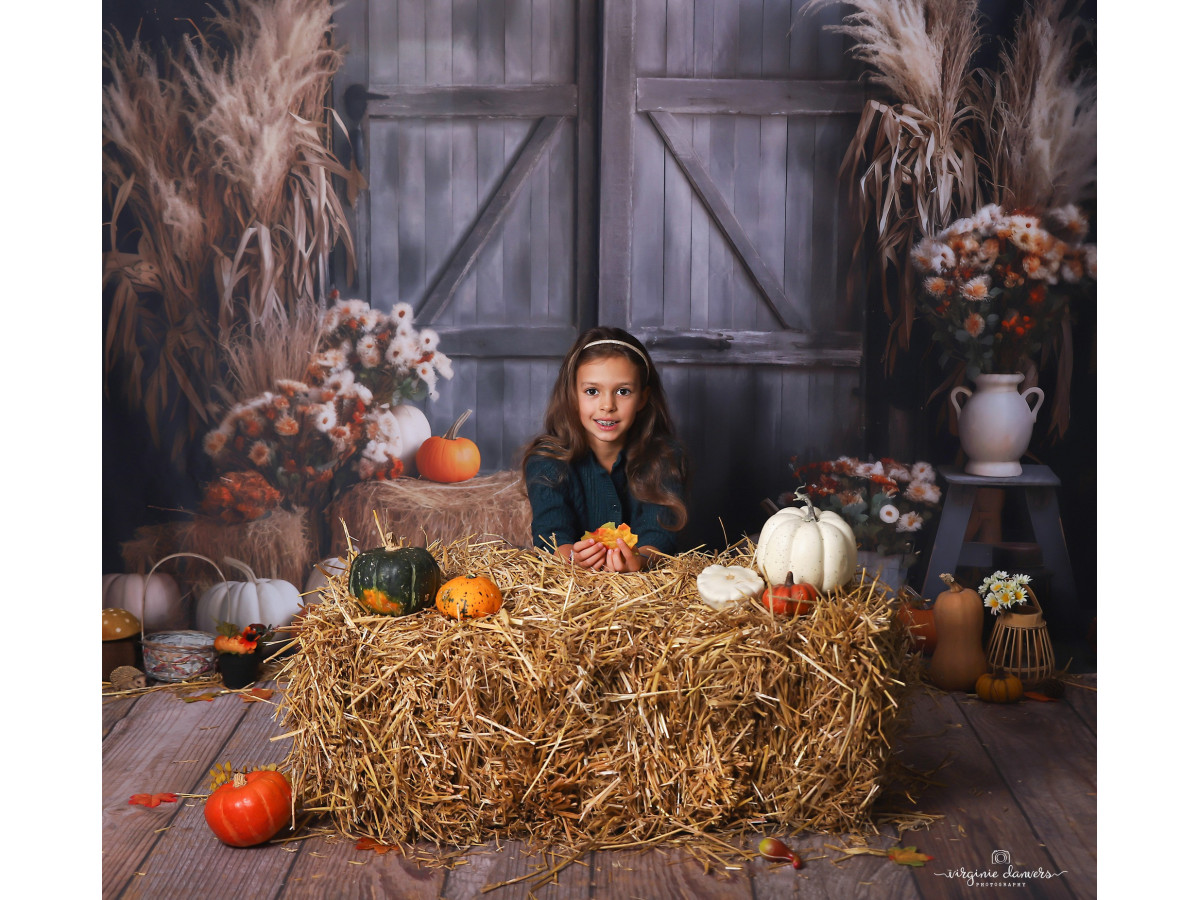 Fondo fotográfico de otoño Door Farm – puerta de granero gris con pampa, paja y calabazas | Colors&Drops