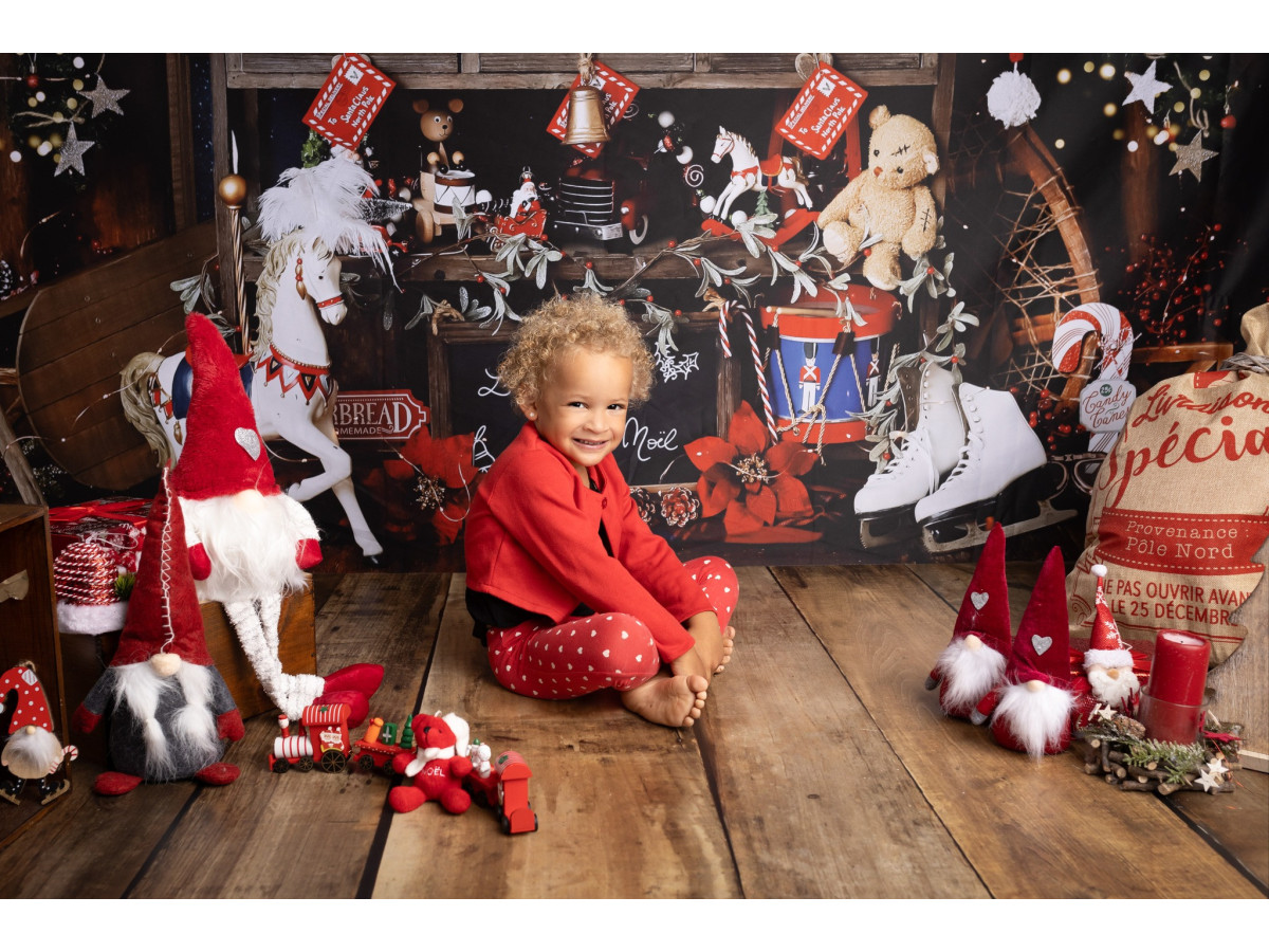 Fondo fotográfico de esquina L'Atelier du Pere Noel – taller de Papá Noel con banco, juguetes y abetos | Colors&Drops