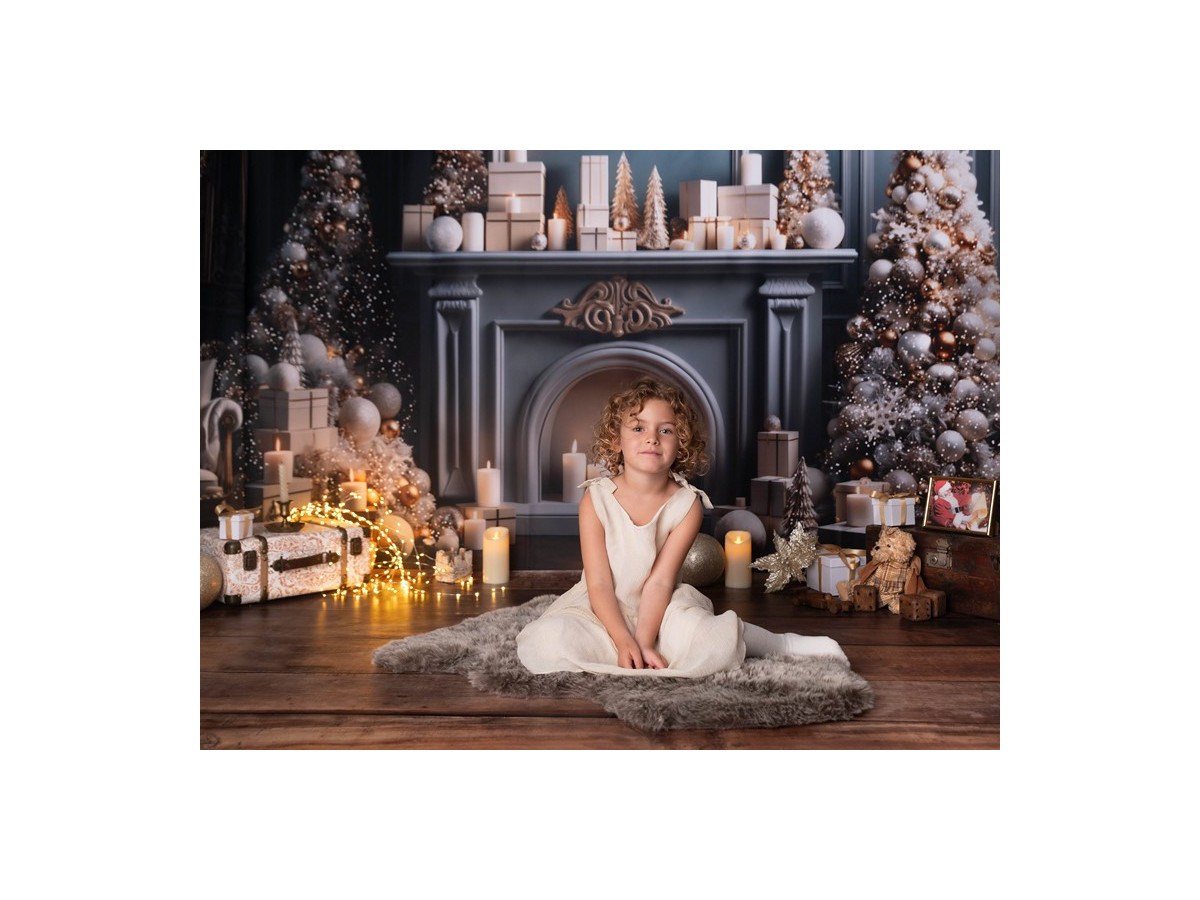 Fond photo d'angle de Noël Goldy Blue Fire + Salviano – salon de Noël bleu doré avec sol parquet | Colors&Drops