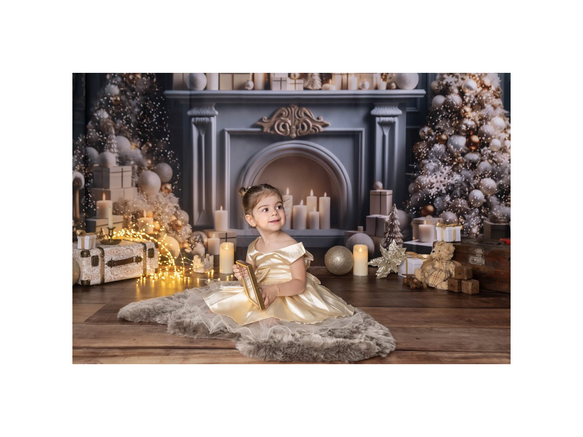 Fond photo d'angle de Noël Goldy Blue Fire + Salviano – salon de Noël bleu doré avec sol parquet | Colors&Drops