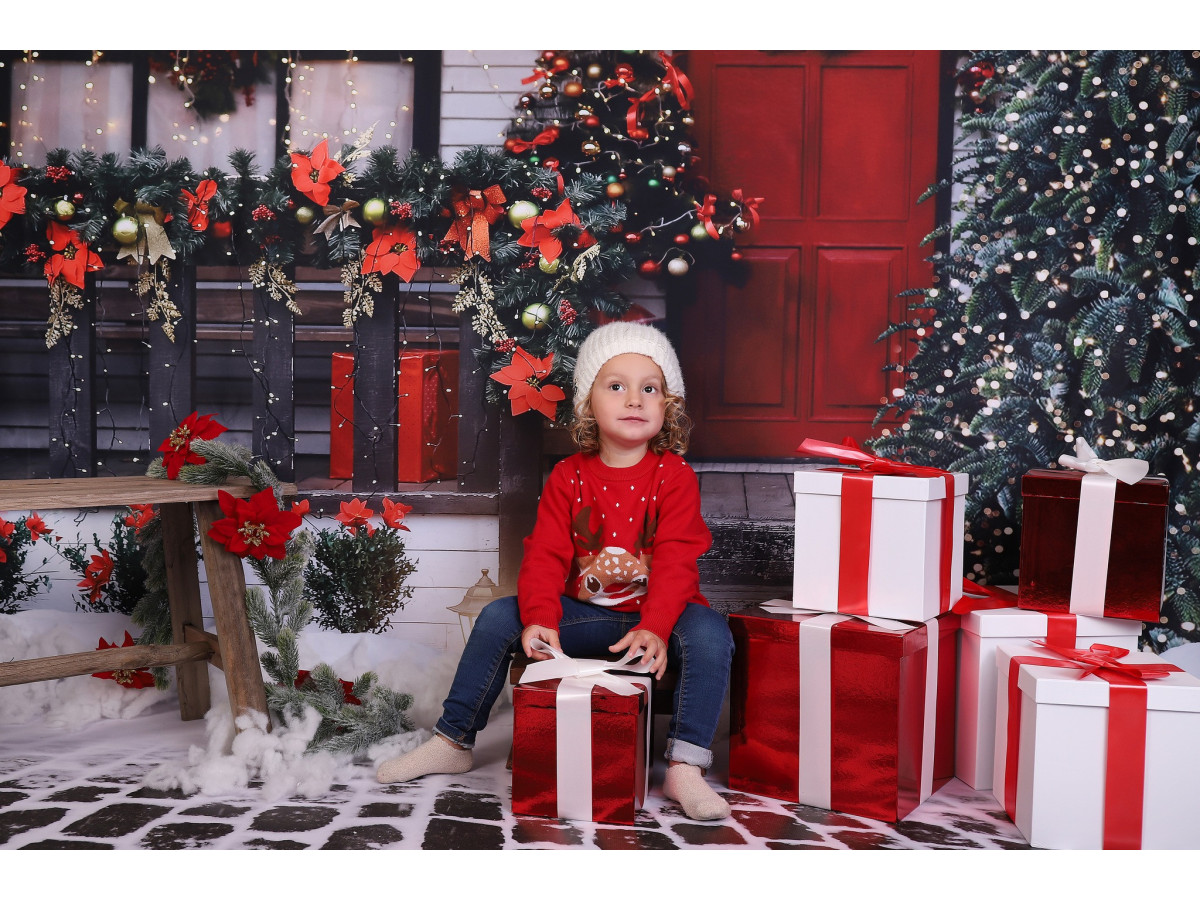 Christmas corner photo backdrop Home Sweet Home – Christmas porch and fir trees with cobblestones | Colors&Drops