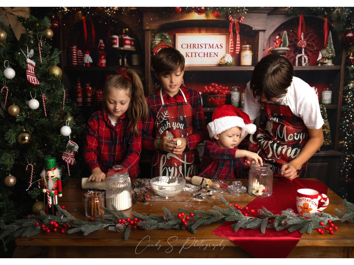 Christmas photo backdrop Kitchen Oldy – old Christmas kitchen with red hutch and fir trees | Colors&Drops