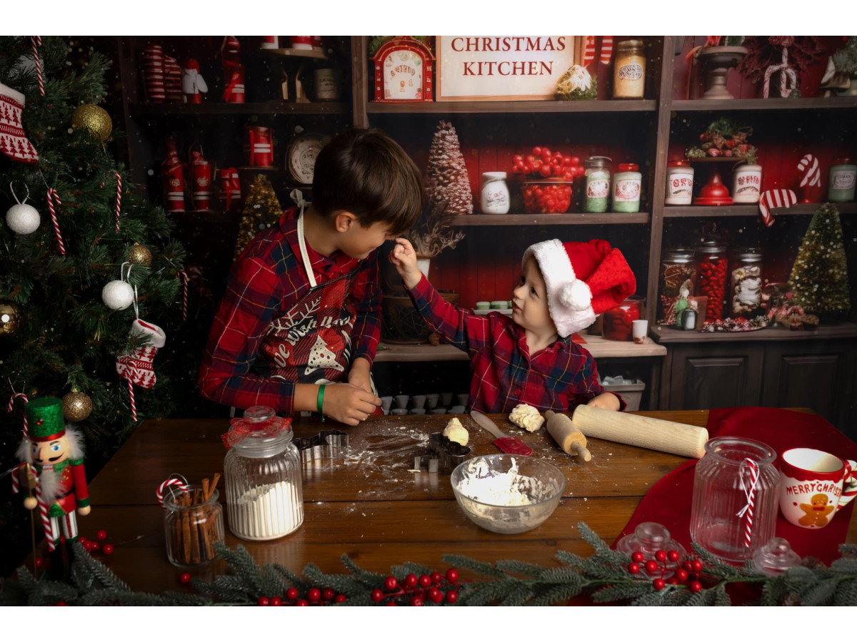 Fond photo d'angle de Noël Kitchen Oldy + Rodeo – cuisine de Noël ancienne avec sol bois | Colors&Drops