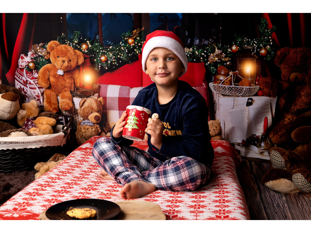 Fond photo d'angle de Noël Nounours – rideau rouge et ours en peluche sur parquet | Colors&Drops