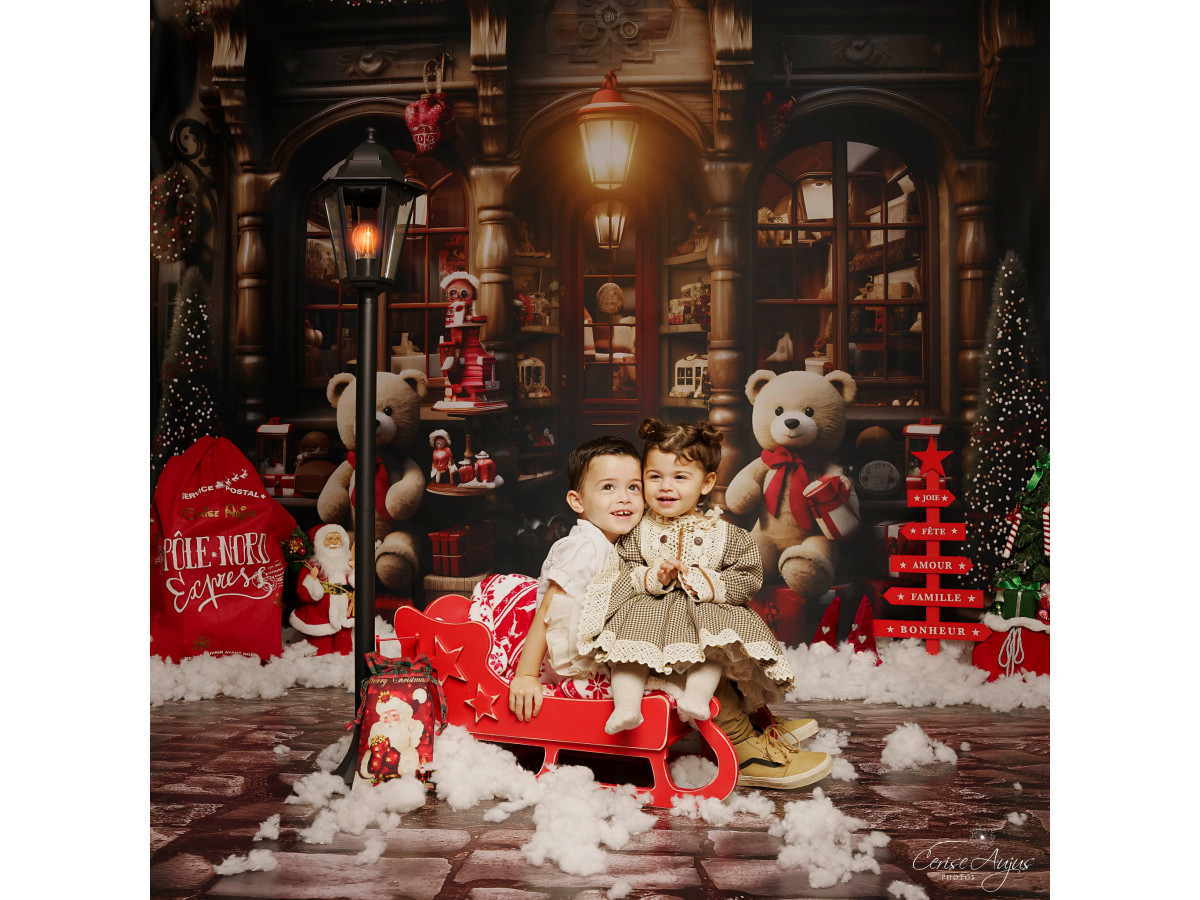 Fond photo d'angle de Noël Nounours Store II + Pavstone – boutique de nounours de Noël avec sol pavé gris | Colors&Drops