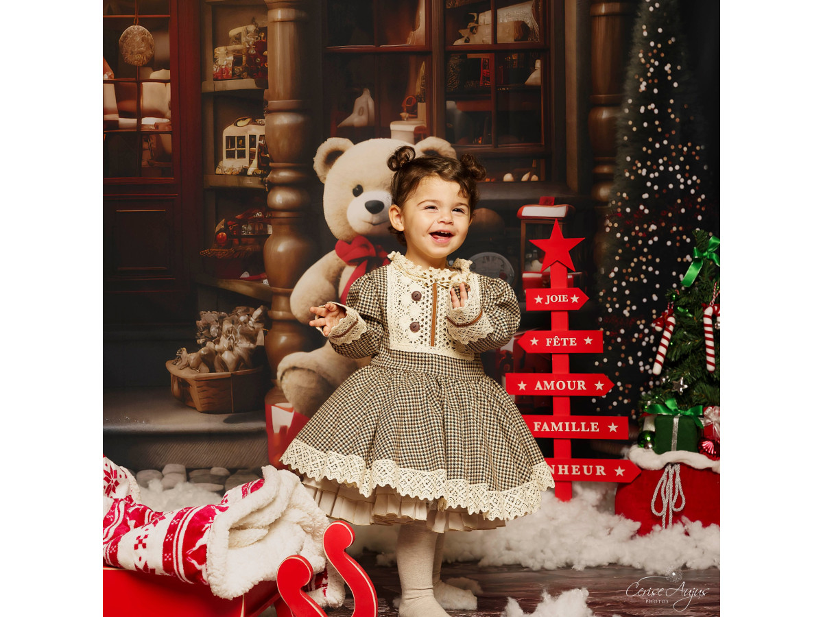 Fond photo d'angle de Noël Nounours Store II + Pavstone – boutique de nounours de Noël avec sol pavé gris | Colors&Drops