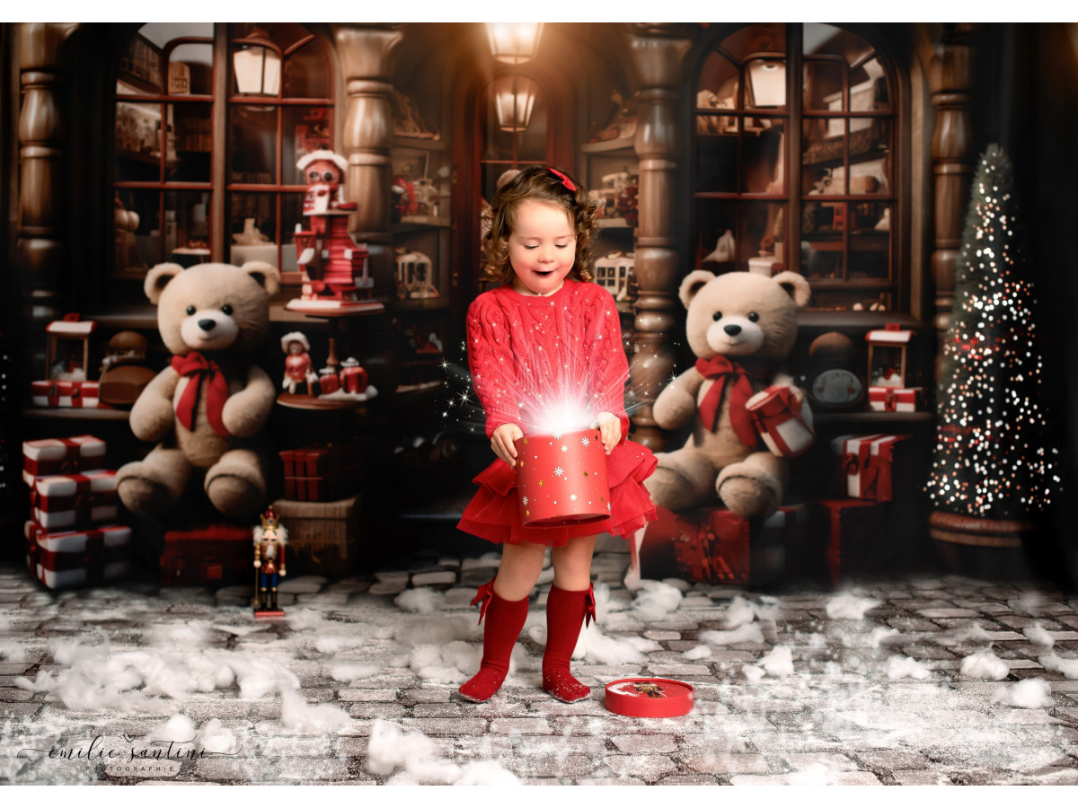 Fond photo de Noël Nounours Store – boutique de nounours de Noël avec ours géants et cadeaux | Colors&Drops