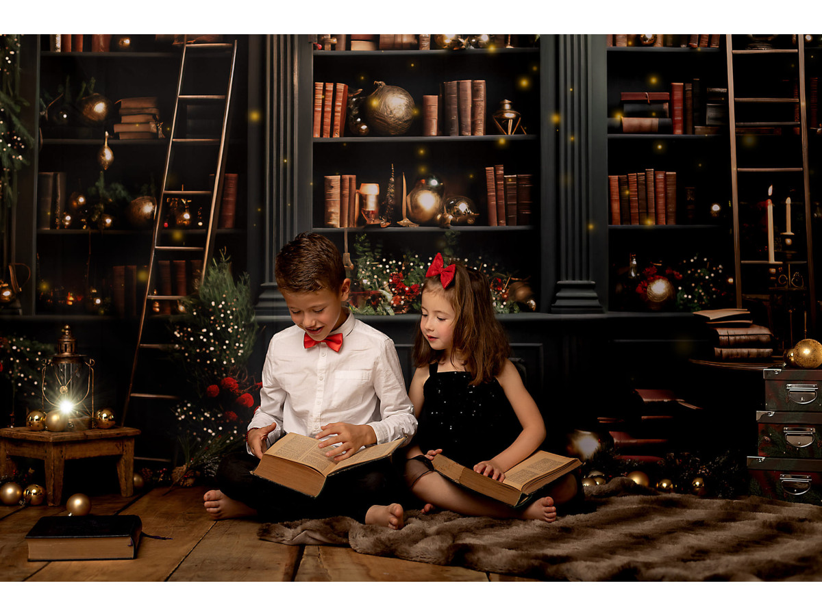 Fond photo de Noël Old Library – bibliothèque ancienne de Noël avec échelles et guirlandes | Colors&Drops