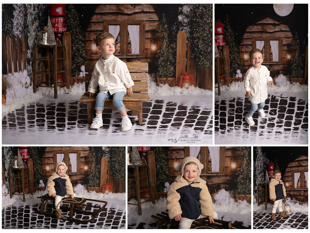 Fond photo d'angle de Noël North I – cabane de nuit avec pavés gris | Colors&Drops
