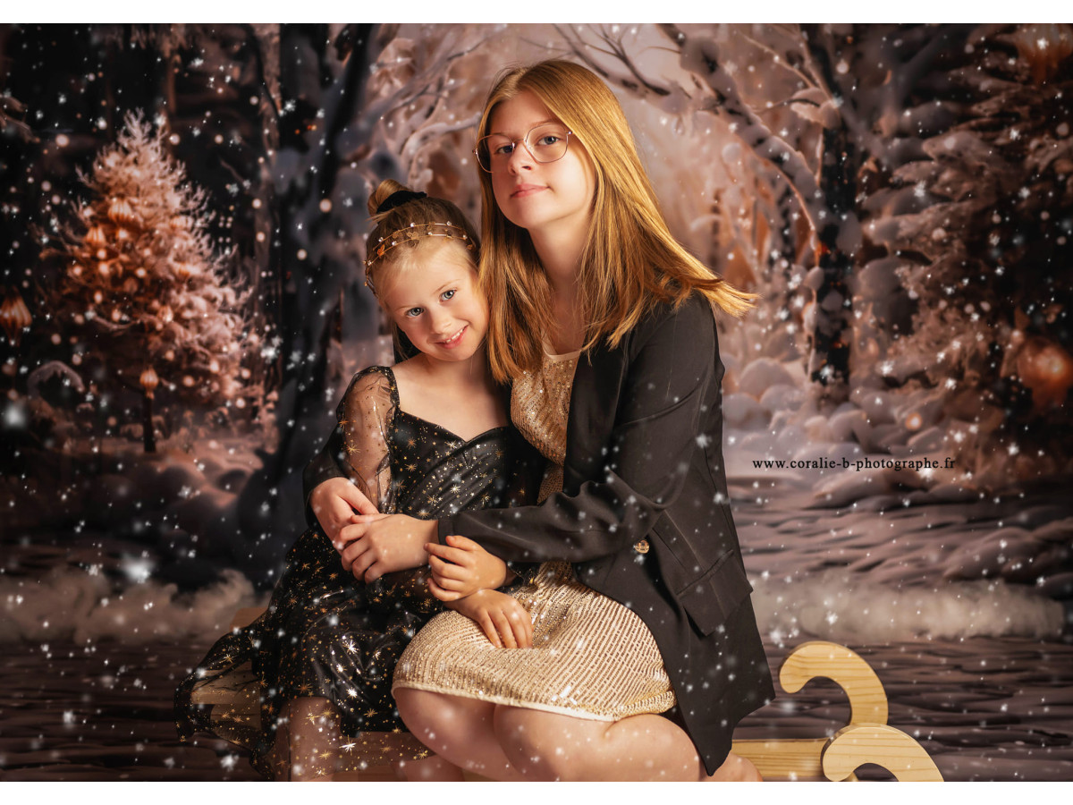 Fond photo d'angle de Noël Winter Dear + Winter Dear Floor – cerf en forêt d'hiver avec sol de neige tassée | Colors&Drops