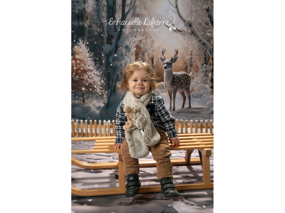 Fond photo d'angle de Noël Winter Dear + Neige – forêt d'hiver avec cerf et sol enneigé | Colors&Drops