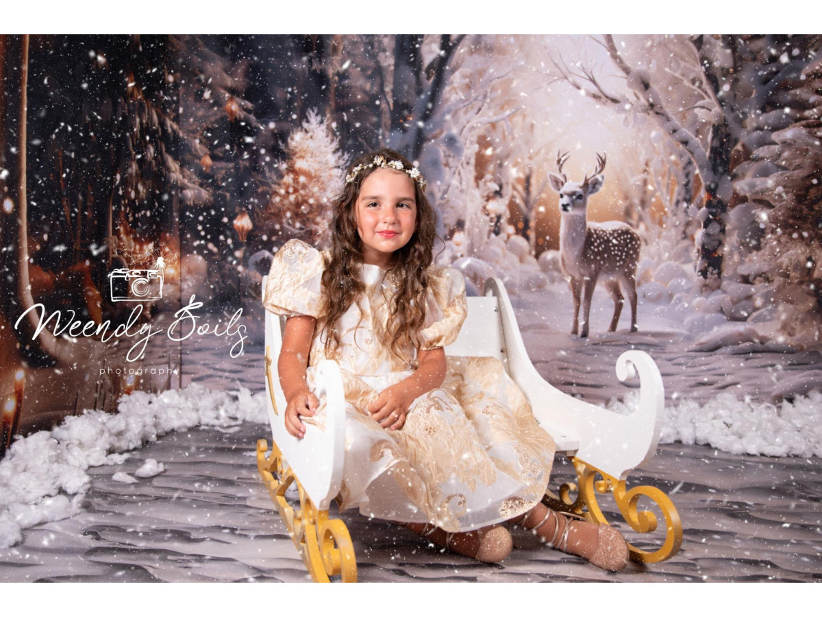 Fond photo d'angle de Noël Winter Dear + Neige – forêt d'hiver avec cerf et sol enneigé | Colors&Drops